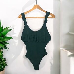 CUPSHE Forest Green Ruffle Striped One Piece Beachy Resort Poolside Swimsuit